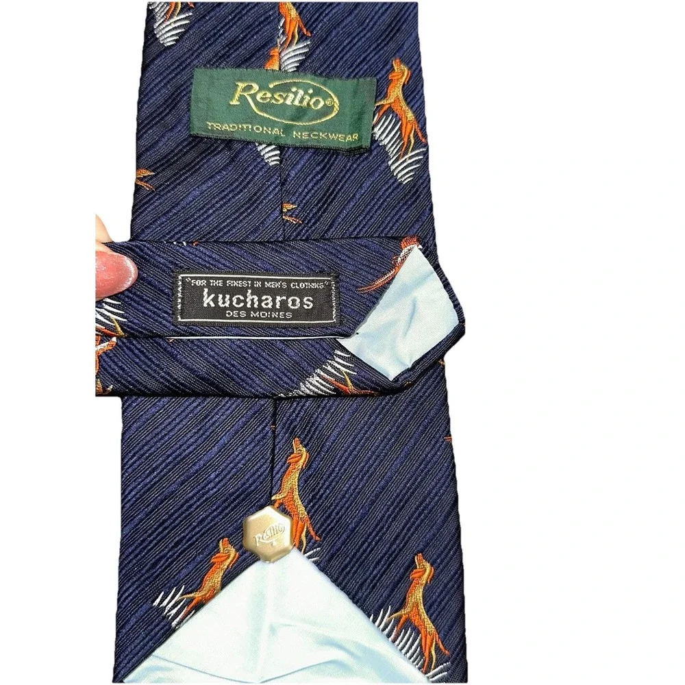 Vintage 70's Bird Hunting Dogs‎ Print Resilio Neck Tie Navy Embroidered Kucharos